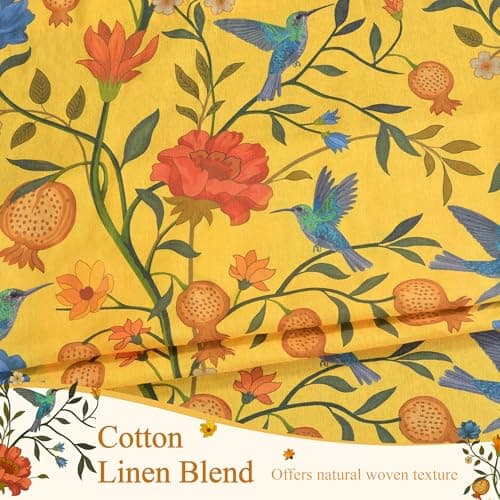 JOOJA Mustard Yellow Floral Linen Curtains, Boho Whimsical Bird Print Curtains for Bedroom Window Colorful Patterned Sheer Curtains for Living Room Kitchen 2 Panels 84 Inches Long - Thumbnail 5