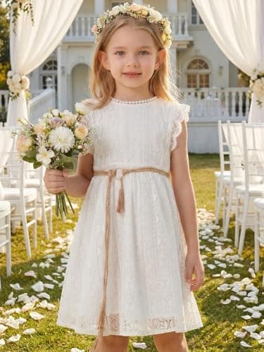 ALLOVIN Toddler and Girls Vintage Boho A-Line Lace Dress with Belt Pom Pom Trim Birthday Party Dress | White | 6-7Y - Thumbnail 5