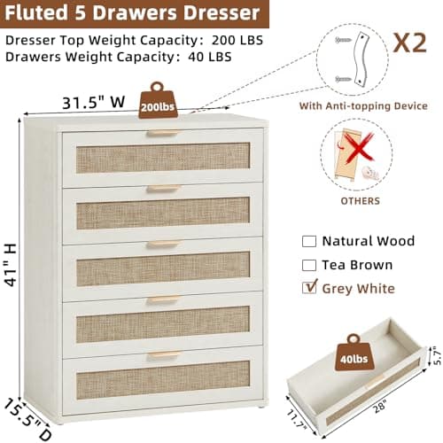 LEYAOYAO Rattan Dresser for Bedroom, 41" Tall Dressers Chest of Drawers, Boho Small Dressers with 5 Drawers, Grey White Dresser Wooden Closet Organizer for Living Room, Hallway - Thumbnail 2