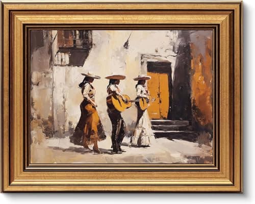 Gold Framed Wall Art, Mexican Mariachi Canvas Prints, Vintage Mexican Street Scene Picture Wall Decor, Rustic Southwestern Artwork for Living Room Bedroom 12x16 inch - Image 1