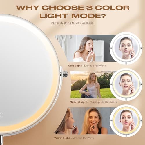 Dienmern Makeup Mirror with Lights, 1X/20X Double-Sided Magnifying Vanity Mirror, 360° Rotation, 5000mAh Rechargeable Adjustable Brightness with 3 Colors for Dorm, Living Room, Women Gift - Thumbnail 3
