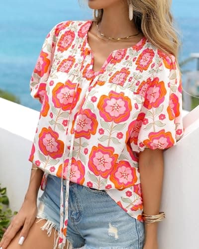KIRUNDO Boho Tops for Women Summer 2026 Dressy Floral Blouse V Neck Drawstring Short Sleeve Shirts Beach Vacation Clothes(White Pink Flower, XX-Large) - Thumbnail 5