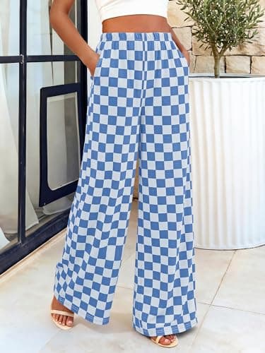 BTFBM Womens Checkered Palazzo Pants Wide Leg High Waisted Pockets Gingham Casual Lounge Pajama Trousers Summer Outfits(Plaid Blue,XX-Large) - Thumbnail 4