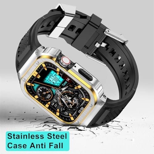 Deczone Band with Stainless Steel Case Compatible with Apple Watch Series 11 10 42mm Band, iwatch Bands Rugged Metal Protective Cover for Men (Silver Gold) - Thumbnail 3