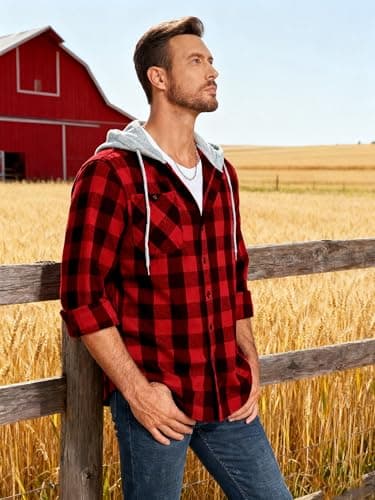 3-Pack Men's Plaid Hooded Button-Up Shirts Long Sleeve Cotton Hoodies Loose Fit Casual Tops Flannel Shirt - Thumbnail 5