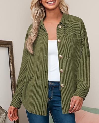 PRETTYGARDEN Women's Button Down Shirts 2026 Spring Long Sleeve Textured Tops Oversized Shacket Jacket Knit Blouses(Army Green,Large) - Thumbnail 4