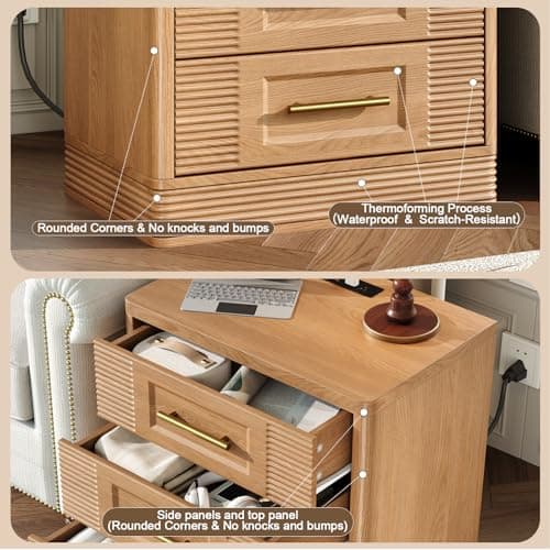 RECHHX 3 Drawer Dresser for Bedroom, 25.6" Tall Nightstand with Charging Station, Farmhouse 23.6" Wide End Table, Thermoformed Curved Small Chest of Drawers for Bedroom, Living Room, Nature Oak - Thumbnail 6