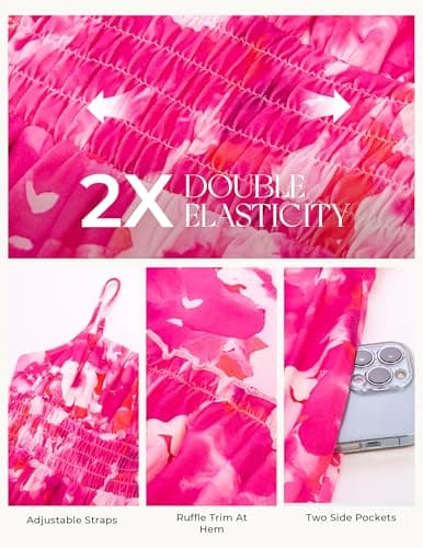 Spaghetti Strap Dresses for Women Casual Sleeveless Dress Smocked Tiered Floral Cami Dress Rose Red Floral 2XL - Thumbnail 5