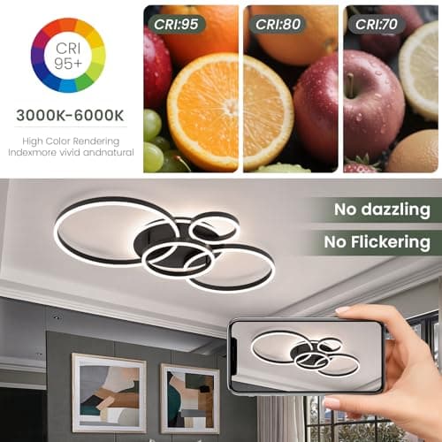 Modern LED Ceiling Light Black Flush Mount Ceiling Light Dimmable Dining Room Light Fixtures with Remote Acrylic Rings Kitchen Lighting Fixtures Ceiling Lamp for Living Room Bedroom (Black, 4 Rings) - Thumbnail 3