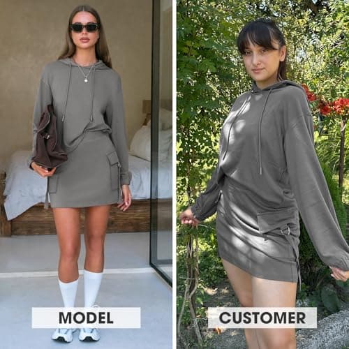 EXLURA Women Two Piece Set Cotton Sweatsuit Travel Airport Outfits 2026 Tracksuit Hooded Sweatshirt Cargo Skort Skirt Pockets - Thumbnail 3