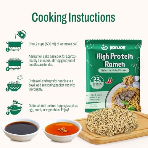 KONJOY High Protein Ramen (23g), Plant-Based Vegan Ramen Noodles with Sichuan Mala Sauce, Non-GMO, Non-Fried, Low Fat, High-Protein Healthy Meal – 5 Pack - Thumbnail 6