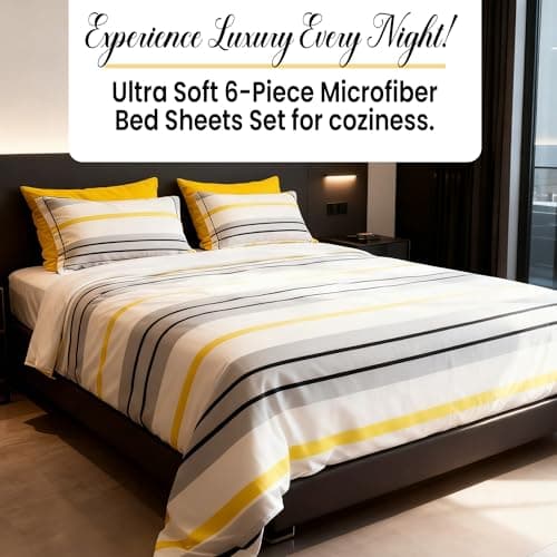 Spirit Linen home King Size Bed Sheets Set Deep Pockets - 6PC Stripes Ultra Soft Microfiber Bed Sheets - Easy to Clean, 90 Thread Count Sheets Includes 1 Fitted, 1 Flat, 2 Pillowcases (Grey/Yellow) - Thumbnail 3