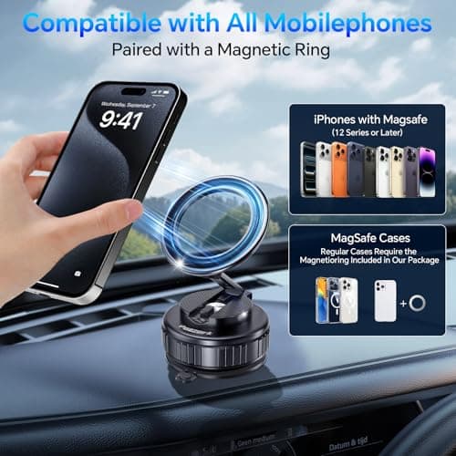 Poazork Car Phone Holder for Magsafe [78+LBS Strongest Suction & 2500gf Strongest Magnetic] 360° Adjustable Car Phone Mount.Portable Phone Holders for Car for iPhone 17，Black - Thumbnail 5