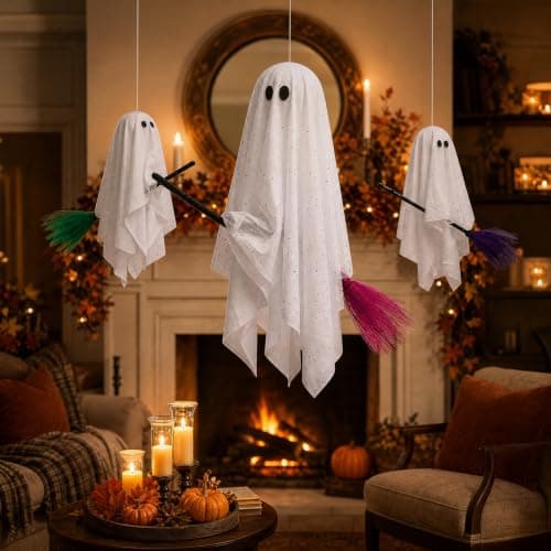 Halloween Decorations Outdoor, 3 Pack Hanging Ghosts on Brooms with Built-in Warm Lights, Flying Ghost Family Decor, Floating Gauze Ghost for Tree, Porch, Yard, Patio, Indoor Halloween Decorations - Thumbnail 6