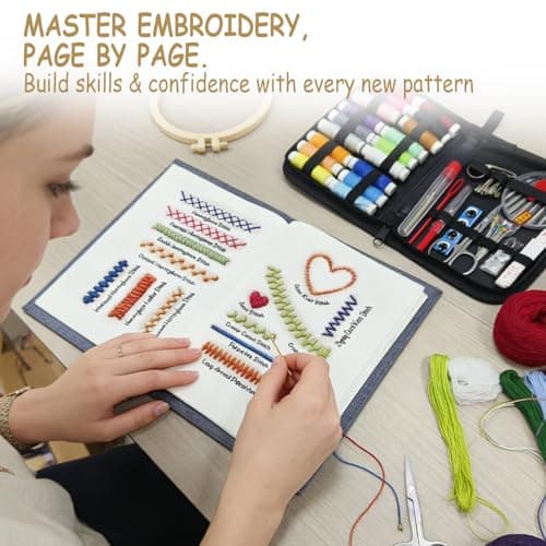 Embroidery Stitch Book Kit for Adults & DIY Craft Enthusiasts, Portable Embroidery Kit for Beginners, Includes Guide to 106 Patterns with Tools & Tutorials and 86-Piece Sewing Tool Set (1 Kit) - Thumbnail 4
