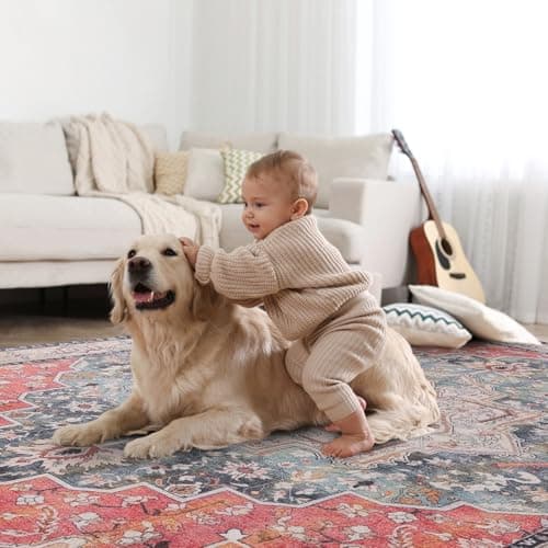 Vanmoos 8x10 Area Rugs for Living Room, Bedroom - Machine Washable, Non-Slip Bedside Rug, Large Soft Floor Carpet for Office, Dining Room, Farmhouse, Home Decor, Artistic Flair/Brick Red - Thumbnail 4