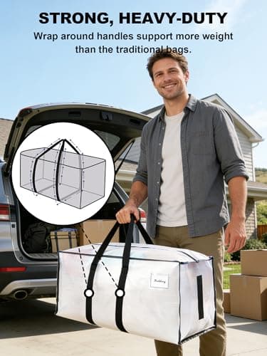 HOMESURE Supports 200lbs Heavy Duty Moving Bags - Strong Zipper & Wrap-Around Handles - Water-Resistant Storage Totes, Durable Alternative to Moving Boxes - 8 Pack - Semi-Transparent - Thumbnail 2