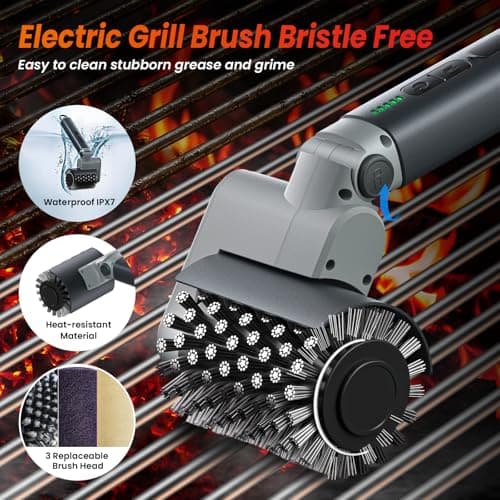 VOXPOA Electric Grill Brush for Outdoor Grill,3-in-1 Kit Cordless Rotary Grill Cleaner with 3-Speed Control&Angle Adjust,Safe for Cast Iron/Stainless-Steel Grates,Ideal BBQ Gifts for Men Dad - Thumbnail 2