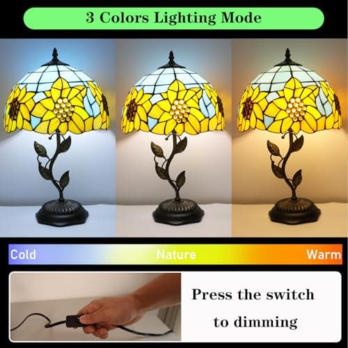 FILIUTF Stained Glass Table Lamp, Adjustable 3 Color Temperature, Sunflower Style Lampshade & Metal Leaf Base Desk Reading Light 12X12X19 Inches Decor for Bedroom Living Room Office - Thumbnail 4