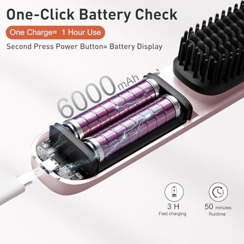 TANSHINE Go Brush Pro 2026 Cordless Hair Straightener Brush,6000mAh Type-C, Negative Ions & LCD Display - Portable Straightening Comb for Travel,Rechargeable Mini Hot Straightening Comb for Women,Pink - Thumbnail 4