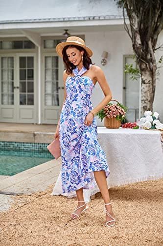 GRACE KARIN Womens Summer Floral Dresses 2026 Boho Maxi Dress Flowy Halter Sundress Casual Vacation Beach Clothes with Pocket Bluishviolet M - Thumbnail 3