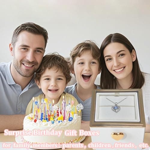Weijimir S925 Silver Necklace Heart-shaped Pendant with Blue Zirconia, Surprise Flip Little Bear Cake Rotating Jewelry Ring Box for Proposal, Engagement Wedding Birthday (White Ring Box + Necklace) - Thumbnail 5