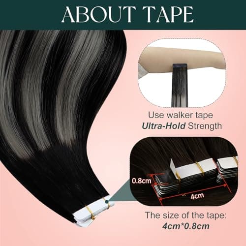 Easyouth Ombre Tape in Extensions Human Hair 16 Inch 20pcs Tape in Hair Extensions Human Hair Black Ombre Silver with Black Balayage Tapes in Extension for Women - Thumbnail 5