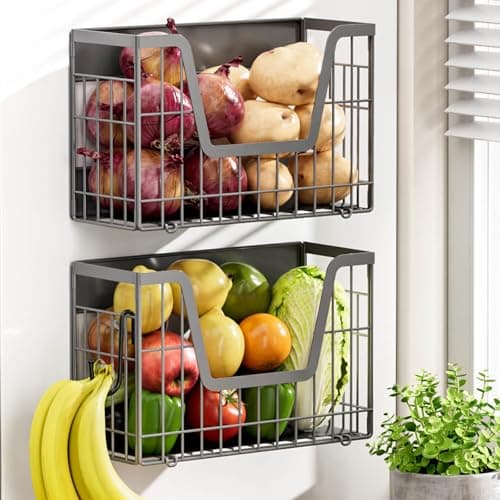 YIWANFW Grey Magnetic Shelf for Fridge, 2 Set Potato and Onion Storage Bins, Magnetic Fruit Basket for Fridge Pantry Organizers & Storage, Magnetic Spice Rack for Refrigerator Kitchen Counter Cabinet - Image 1