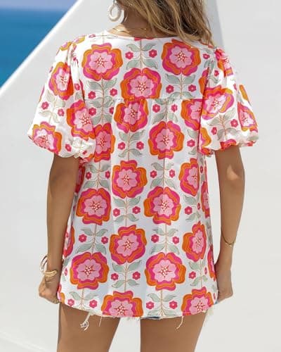 KIRUNDO Boho Tops for Women Summer 2026 Dressy Floral Blouse V Neck Drawstring Short Sleeve Shirts Beach Vacation Clothes(White Pink Flower, XX-Large) - Thumbnail 3