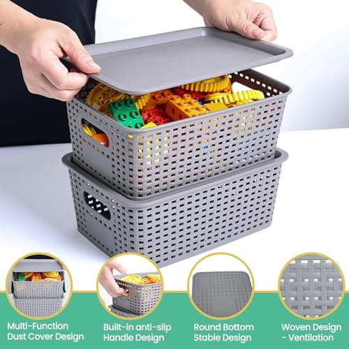 Plastic Storage Baskets with Lid-Plastic Storage Containers Stackable Storage bins: Storage Baskets for Organizing Shelves Drawers Desktop Closet Playroom Classroom Office,8 Pack-Gray10.2x7.2x4.1Inch - Thumbnail 3