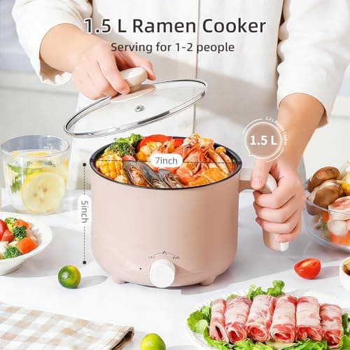 KERZION Hot Pot Electric 1.5L, Portable Ramen Non-Stick Cooker for Noodles, Soup, Oatmeal, Ramen Pot with Boil Dry Protection for Dorm, Office, Travel - Thumbnail 4