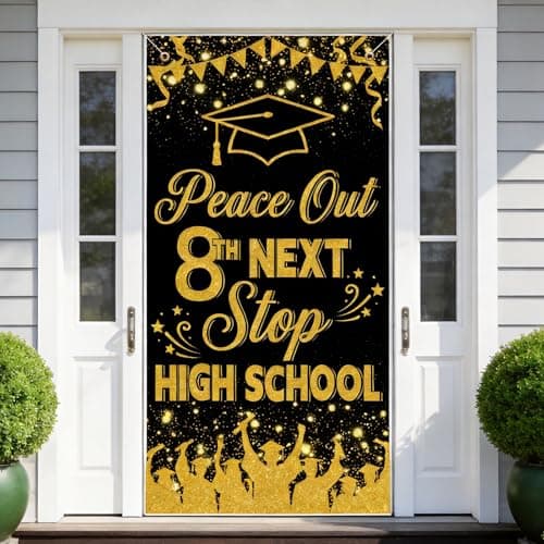 Lednica 8th Grade Graduation Door Banner Decorations, Black & Gold, 71x35'' Next Stop High School Door Cover, 2026 Peace Out Middle School Graduation Party Supplies & Photo Props - Image 1