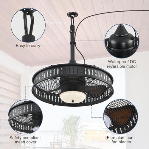 AHAWILL 20" Gazebo Fan,IP55 Waterproof Outdoor Ceiling Fans with Lights,3CCT,6 Speed,Plug in Ceiling Fan with Cord Hook,Portable Fan for Gazebos,Porch, Pergola,Canopy Black - Thumbnail 2