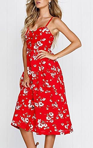 Angashion Women's Dresses-Summer Floral Bohemian Spaghetti Strap Button Down Swing Midi Dress 0860 Red L - Thumbnail 5