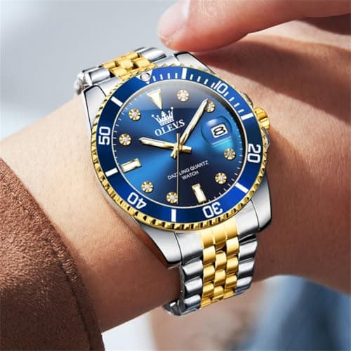 OLEVS Watches for Men Luxury Quartz Dress Men’Wrist Watch with Diamond Date 3ATM Waterproof Two Tone Stainless Steel Blue Face Watches for Men Business Style for Office Premium Gift for Him - Thumbnail 3