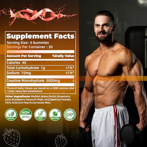 Nutravita NSF Certified Creatine Gummy - Creatine Monohydrate Gummies for Men & Women-5g of Creatine Monohydrate per Serving - Sugar Free,Vegan, Strawberry Flavor, 120 Count - Thumbnail 3