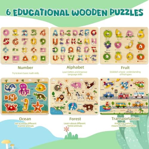 edutree Wooden Peg Puzzles for Toddlers 2-4, 6 Pack Educational Peg Puzzles Montessori Toys, Learning Puzzles for Kids Girs Boys 1-3 3-5 with Alphabet Number Animal Vehicle Shape - Thumbnail 2