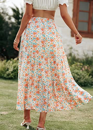 KIRUNDO Women 2026 Spring Summer High Waist Boho Floral Maxi Skirt Trendy Casual Flowy Swing Pleated A Line Beach Long Skirts(Green, Medium) - Thumbnail 5