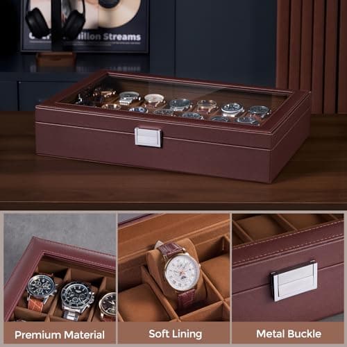 ProCase Watch Box for Men, 24 Slot Display Case with Real Glass Lid and Removable Pillows. Premium Storage Holder Organizer, Gift for Dad & Father's Day & Watch Collectors -Dark Brown - Thumbnail 6
