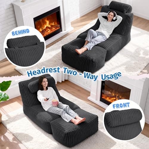 HABUTWAY Giant Bean Bag Chairs for Adults,Big Bean Bag Lounger with Removable Cover,Large BeanBag Chair with Ottoman&Storage Pocket,Memory Foam Filled Bean Bag Sofa for Living Room,Bedroom-Plush Black - Thumbnail 3