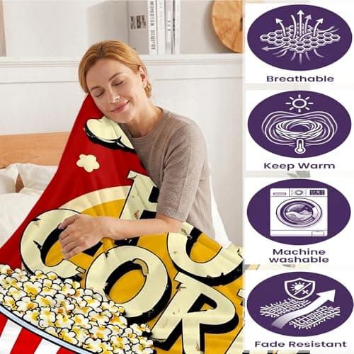 Popcorn Throw Blanket Gifts for Movie Lovers, Soft Cozy Flannel Decorative Vintage Film Cinema Themed Blanket for Movie Room Couch Bed Sofa Office Travel Nap Birthday Christmas Holiday Present 50"x60" - Thumbnail 4