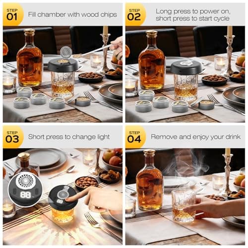 Electric Whiskey Smoker Kit with 7 LED Light Modes, Rechargeable Cocktail Smoke Infuser, 6 Natural Wood Chips, Stainless Steel Ice Cubes & Sphere Mold, Bourbon Gift Set for Men, Dad, Husband - Thumbnail 4