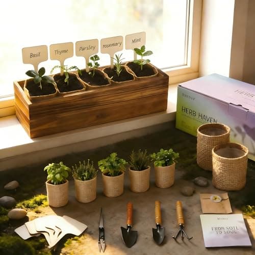 5 Herb Garden Kit with Wooden Box - Including Basil, Thyme, Parsley, Rosemary, Mint - Windowsill Herb Garden for Kitchen, Gardening Gifts for Mom Women, Men, Gift Ideas for Birthday, Housewarming - Thumbnail 2