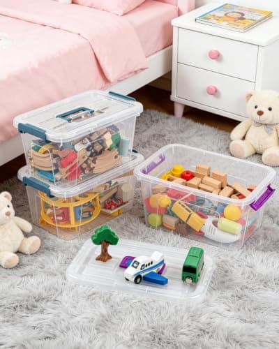 AREYZIN Plastic Storage Bins with Lids 6 Pack, 7 Quart Stackable Storage Containers with Buckle Latches, Heavy Duty Clear Organizer Bins for Home Office Supplies, Craft & Toy Storage, BPA-Free,Purple - Thumbnail 5