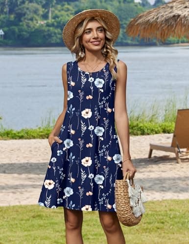 Zeagoo Sleeveless Aline Dresses for Women Casual Mini Tank Dress Cotton Summer Beach Floral Sundress with Pockets - Thumbnail 3