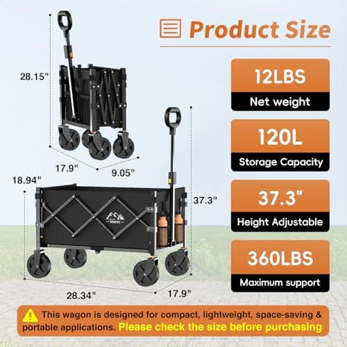 NWH Collapsible Wagon Cart with Wheels Foldable, 360LBS Large Capacity Portable Folding Utility Heavy Duty Beach Wagons Cart with All-Terrain Wheels for Groceries Shopping, Camping, Sports, Garden - Thumbnail 2