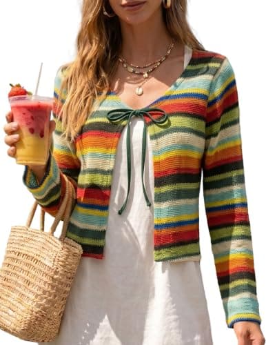 ZAFUL Swimsuit Coverup Shirt for Women Crochet Cardigan Bathing Suit Cover Up Long Sleeve Cover Ups Top Strip Green XL - Image 1