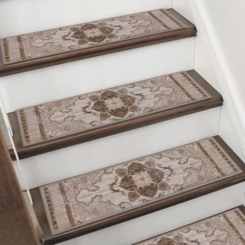 BEQHAUSE Stair Treads for Wooden Steps Non-Slip Indoor Stair Runner Washable Carpet for Stairs Self-Adhesive Stair Rug for Elders Kids and Pets, 8X30 in, 15 PCS, Classical Florals, Red/Brown - Image 1