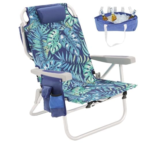 SUNNYFEEL Low Beach Chair 5 Position Lay Flat, Portable Folding Backpack Beach Chairs Heavy Duty with Cooler Bag, Cup Holder for Outdoor/Lawn/Picnic/Fishing, Foldable Camping Chair