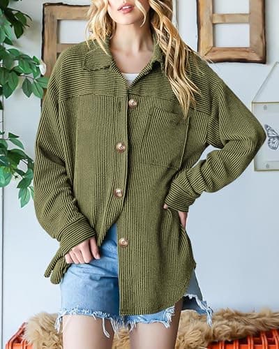 PRETTYGARDEN Women's Button Down Shirts 2026 Spring Long Sleeve Textured Tops Oversized Shacket Jacket Knit Blouses(Army Green,Large) - Thumbnail 3